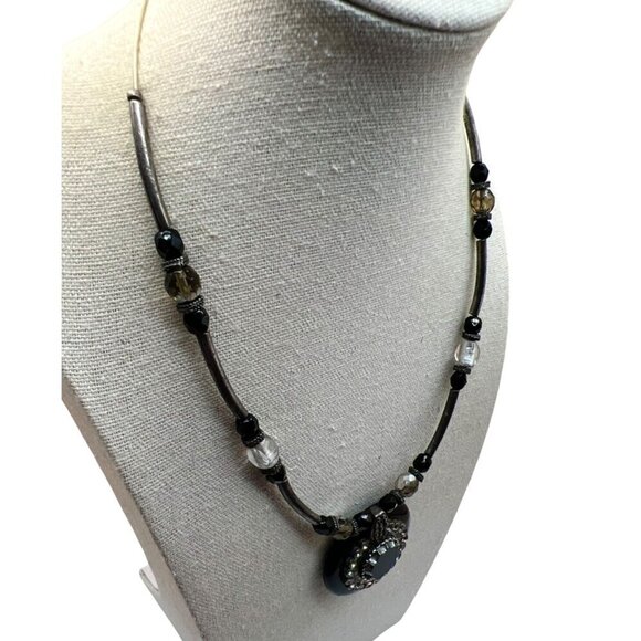 Chicos Statement Necklace With Black & Silver Beads Rhinestone Pendant N1 - Picture 7 of 14